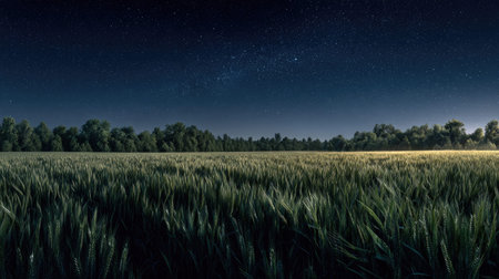 A panoramic wide view of Millet field growing closely together under a clear night sky starlight illuminating leaves soft shadows calm natural atmosphere ultra realistic photography cinematic wide composition lifelike natural sceneの写真素材