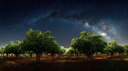 A panoramic wide view of Buddha s hand field growing closely together under a clear night sky...