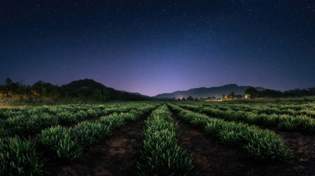 A panoramic wide view of Heather field growing closely together under a clear night sky starlight...