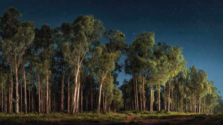 A panoramic wide view of Eucalyptus forest growing closely together under a clear night sky...