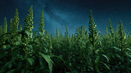 A panoramic wide view of Foxglove field growing closely together under a clear night sky starlight...