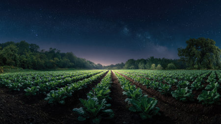 A panoramic wide view of Radish field growing closely together under a clear night sky starlight illuminating leaves soft shadows calm natural atmosphere ultra realistic photography cinematic wide composition lifelike natural sceneの写真素材