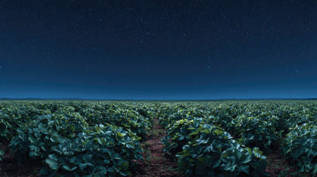 A panoramic wide view of Honeydew field growing closely together under a clear night sky starlight...