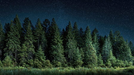 A panoramic wide view of Eastern red cedar forest growing closely together under a clear night sky...