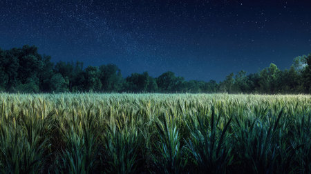 A panoramic wide view of Fonio field growing closely together under a clear night sky starlight illuminating leaves soft shadows calm natural atmosphere ultra realistic photography cinematic wide composition lifelike natural sceneの写真素材