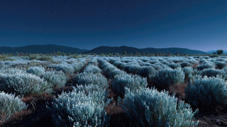 A panoramic wide view of Ephedra field growing closely together under a clear night sky starlight...