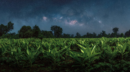 A panoramic wide view of Gloriosa lily field growing closely together under a clear night sky...