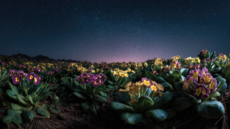 A panoramic wide view of Polyanthus field growing closely together under a clear night sky starlight illuminating leaves soft shadows calm natural atmosphere ultra realistic photography cinematic wide composition lifelike natural sceneの写真素材