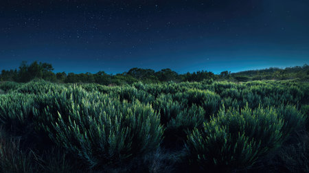 A panoramic wide view of Grevillea field growing closely together under a clear night sky starlight illuminating leaves soft shadows calm natural atmosphere ultra realistic photography cinematic wide composition lifelike natural sceneの写真素材