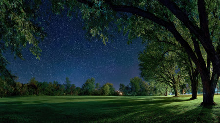 A panoramic wide view of Honey locust field growing closely together under a clear night sky starlight illuminating leaves soft shadows calm natural atmosphere ultra realistic photography cinematic wide composition lifelike natural sceneの写真素材