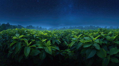 A panoramic wide view of a field growing closely together under a clear night sky starlight illuminating leaves soft shadows calm natural atmosphere ultra realistic photography cinematic wide composition lifelike natural sceneの写真素材