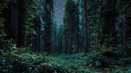 A panoramic wide view of Redwood field growing closely together under a clear night sky starlight illuminating leaves soft shadows calm natural atmosphere ultra realistic photography cinematic wide composition lifelike natural sceneの写真素材