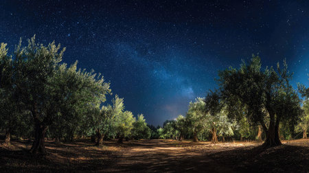 A panoramic wide view of Olive orchard growing closely together under a clear night sky starlight illuminating leaves soft shadows calm natural atmosphere ultra realistic photography cinematic wide composition lifelike natural sceneの写真素材