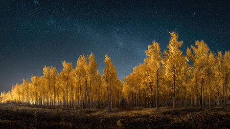 A panoramic wide view of Ginkgo field growing closely together under a clear night sky starlight illuminating leaves soft shadows calm natural atmosphere ultra realistic photography cinematic wide composition lifelike natural sceneの写真素材