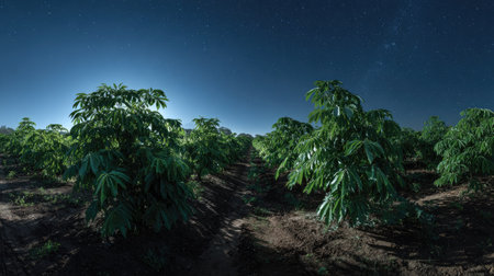 A panoramic wide view of Passion fruit field growing closely together under a clear night sky starlight illuminating leaves soft shadows calm natural atmosphere ultra realistic photography cinematic wide composition lifelike natural sceneの写真素材