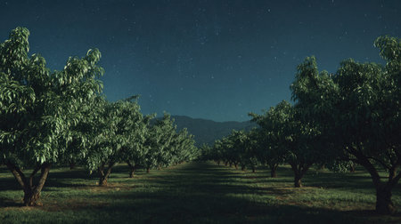A panoramic wide view of Peach tree orchard growing closely together under a clear night sky starlight illuminating leaves soft shadows calm natural atmosphere ultra realistic photography cinematic wide composition lifelike natural sceneの写真素材
