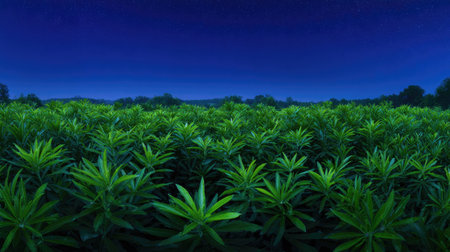 A panoramic wide view of Star anise field growing closely together under a clear night sky starlight illuminating leaves soft shadows calm natural atmosphere ultra realistic photography cinematic wide composition lifelike natural sceneの写真素材