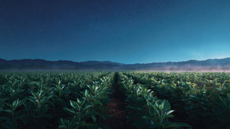 A panoramic wide view of Salvia field growing closely together under a clear night sky starlight...