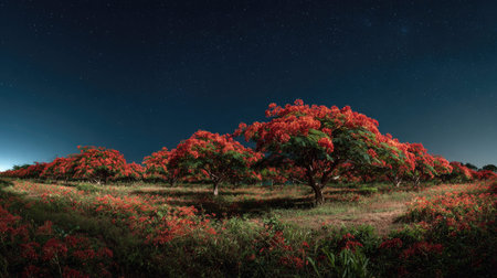 A panoramic wide view of Royal poinciana field growing closely together under a clear night sky...