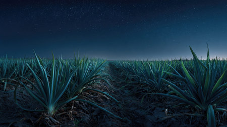 A panoramic wide view of Shallot field growing closely together under a clear night sky starlight...