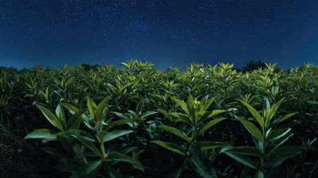 A panoramic wide view of St John s wort field growing closely together under a clear night sky...
