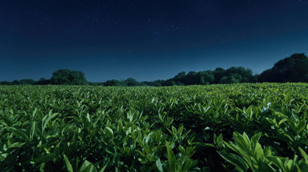 A panoramic wide view of Sorrel field growing closely together under a clear night sky starlight illuminating leaves soft shadows calm natural atmosphere ultra realistic photography cinematic wide composition lifelike natural sceneの写真素材