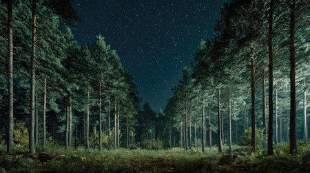 A panoramic wide view of Scots pine forest growing closely together under a clear night sky...