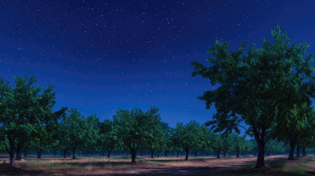 A panoramic wide view of Mulberry tree field growing closely together under a clear night sky...