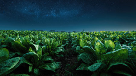 A panoramic wide view of Spinach field growing closely together under a clear night sky starlight...