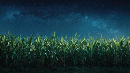 A panoramic wide view of corn field growing closely together under a clear night sky starlight illuminating leaves soft shadows calm natural atmosphere ultra realistic photography cinematic wide composition lifelike natural sceneの写真素材