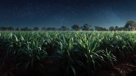 A panoramic wide view of Sorghum field growing closely together under a clear night sky starlight...
