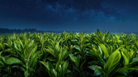 A panoramic wide view of Silene field growing closely together under a clear night sky starlight illuminating leaves soft shadows calm natural atmosphere ultra realistic photography cinematic wide composition lifelike natural sceneの写真素材