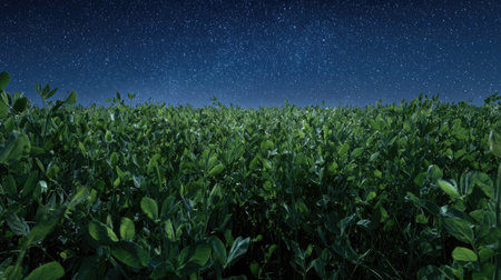 A panoramic wide view of Sweet pea field growing closely together under a clear night sky starlight illuminating leaves soft shadows calm natural atmosphere ultra realistic photography cinematic wide composition lifelike natural sceneの写真素材