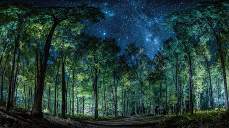 A panoramic wide view of Silver maple forest growing closely together under a clear night sky...