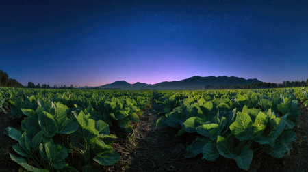 A panoramic wide view of Kiwi field growing closely together under a clear night sky starlight...