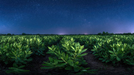 A panoramic wide view of Caper field growing closely together under a clear night sky starlight...