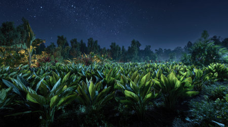 A panoramic wide view of Maranta flower garden growing closely together under a clear night sky starlight illuminating leaves soft shadows calm natural atmosphere ultra realistic photography cinematic wide composition lifelike natural sceneの写真素材