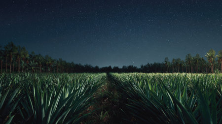 A panoramic wide view of Pineapple orchard growing closely together under a clear night sky starlight illuminating leaves soft shadows calm natural atmosphere ultra realistic photography cinematic wide composition lifelike natural sceneの写真素材