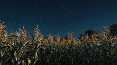 A panoramic wide view of Pearl millet orchard growing closely together under a clear night sky starlight illuminating leaves soft shadows calm natural atmosphere ultra realistic photography cinematic wide composition lifelike natural sceneの写真素材