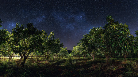 A panoramic wide view of Guava field growing closely together under a clear night sky starlight illuminating leaves soft shadows calm natural atmosphere ultra realistic photography cinematic wide composition lifelike natural sceneの写真素材