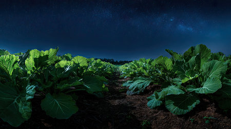 A panoramic wide view of Turnip field growing closely together under a clear night sky starlight illuminating leaves soft shadows calm natural atmosphere ultra realistic photography cinematic wide composition lifelike natural sceneの写真素材