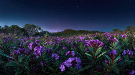 A panoramic wide view of Tibouchina field growing closely together under a clear night sky starlight illuminating leaves soft shadows calm natural atmosphere ultra realistic photography cinematic wide composition lifelike natural sceneの写真素材