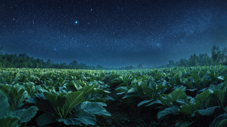A panoramic wide view of Zucchini field growing closely together under a clear night sky starlight...