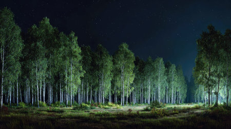 A panoramic wide view of White birch forest growing closely together under a clear night sky...