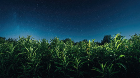 A panoramic wide view of Woad field growing closely together under a clear night sky starlight...