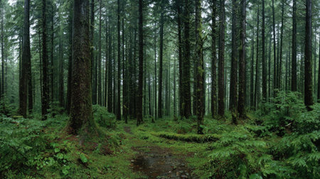 A panoramic wide view of Balsam fir forest growing closely together after rain wet leaves reflecting...