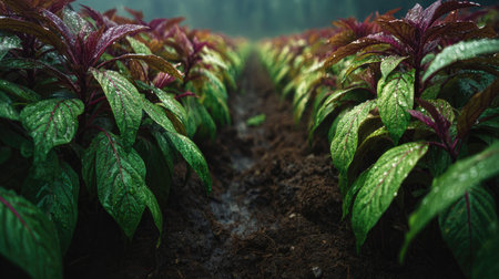 A panoramic wide view of Amaranth field growing closely together after rain wet leaves reflecting...