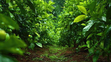 A panoramic wide view of Bael fruit field growing closely together after rain wet leaves reflecting...