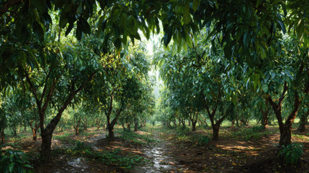 A panoramic wide view of Avocado tree orchard growing closely together after rain wet leaves...