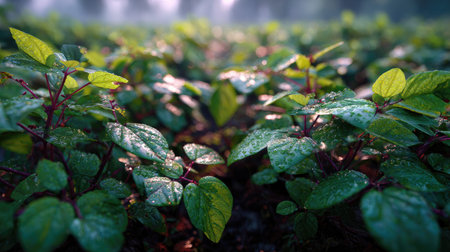 A panoramic wide view of Adzuki bean field growing closely together after rain wet leaves reflecting...